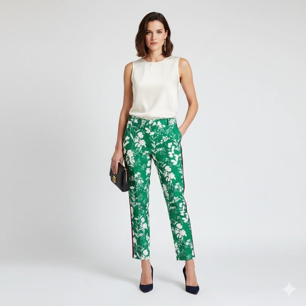 NWT Carlisle Collection Green Floral Trousers | Italian Stretch Canvas | Size 6